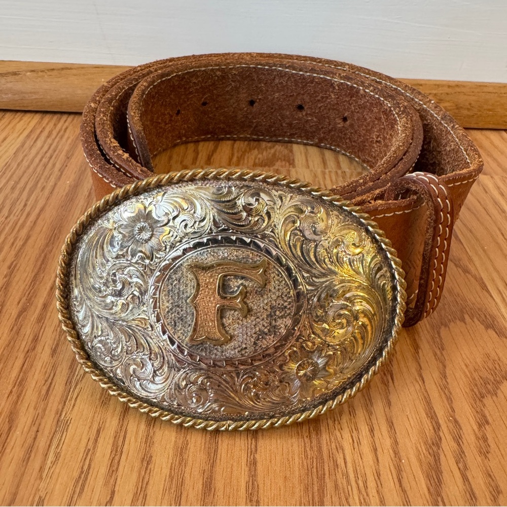 Vintage Montana Silversmith Initial Letter F Silver and Gold Buckle Leather Belt